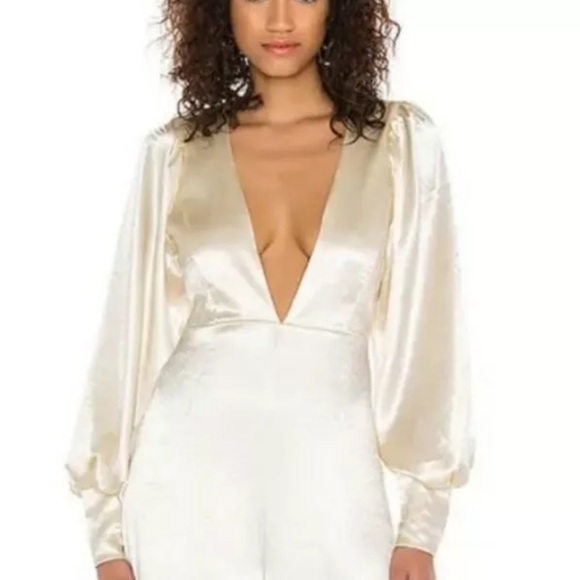 $395 sexy Free People Nadia champagne wide leg deep v neck satin Jumpsuit 12 - Picture 4 of 11